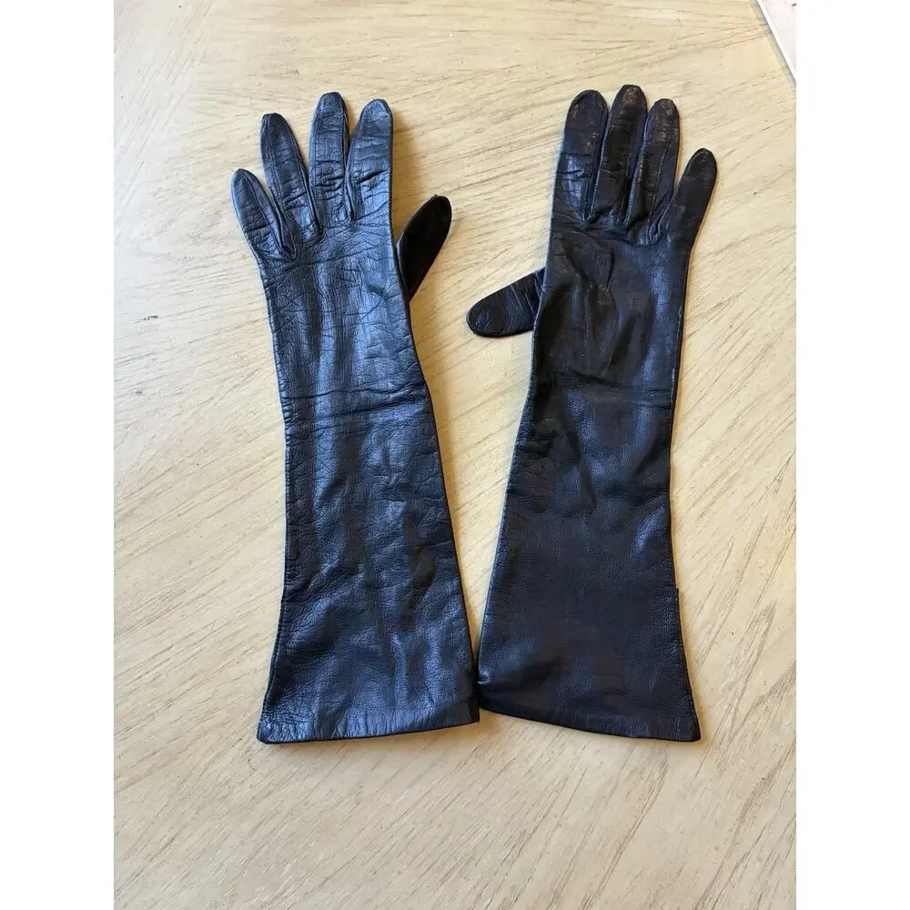 Vtg 50s Black REAL KIDSKIN Leather Gloves Sz 7 Belgium Opera Silk Lined Long 14”